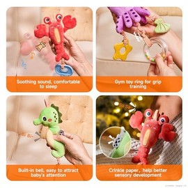 TUMAMA 4 Pcs Marine Animal Hanging Baby Stroller Toys 0 3 6 12 Months | Crinkle Infant Rattles with Teether, Marine Animal Shape Wind Chime Toy, Suita