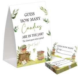 Storybook Guess How Many Candies Are in the Jar Game for Baby Shower, Pack of One 5x7 Sign and 50 Guessing Cards, Book Baby Shower Decoration, Gender Neutral Party Supplies - GC10