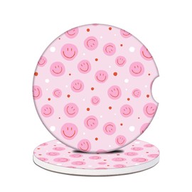 Car Cup Holder Coasters - Pink Smiley Face Absorbent Ceramic Coaster 2 Pack, Car Coasters for Cup Holders, Fashion Car Interior Accessories Drink Coaster for Women & Men