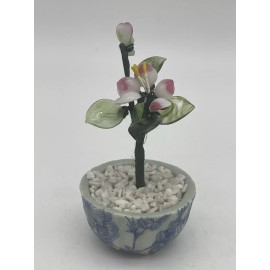 NOS Vtg Asian Glass Flower Tree Blue White Decoupaged Pot Cherry Blossom
