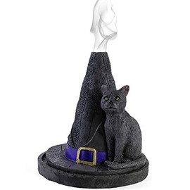 Enchanting Black Witch Hat with Cat Design Incense Cone Holder - 11.5cm x 10.5cm (1 Pc) - Eye-catching Design - Perfect Ambience Enhancer for Home & Office