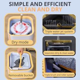True & Tidy® TrueClean Spin Mop 2.0 w/Detachable Inner Bucket, Self Standing, Separates Clean and Dirty Water, Foldable Square Mop Head, Triple Jet Stream w/Hidden Brush, Replaceable 2pc Mop Pads