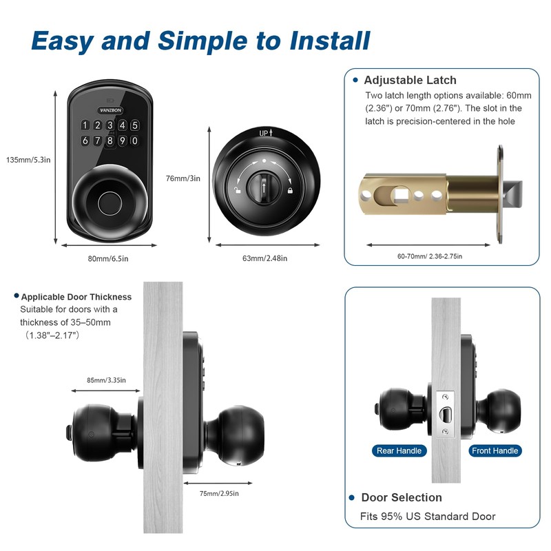 VANZBON Smart Door Knob Lock with Keypad,Keypad Door Knob with