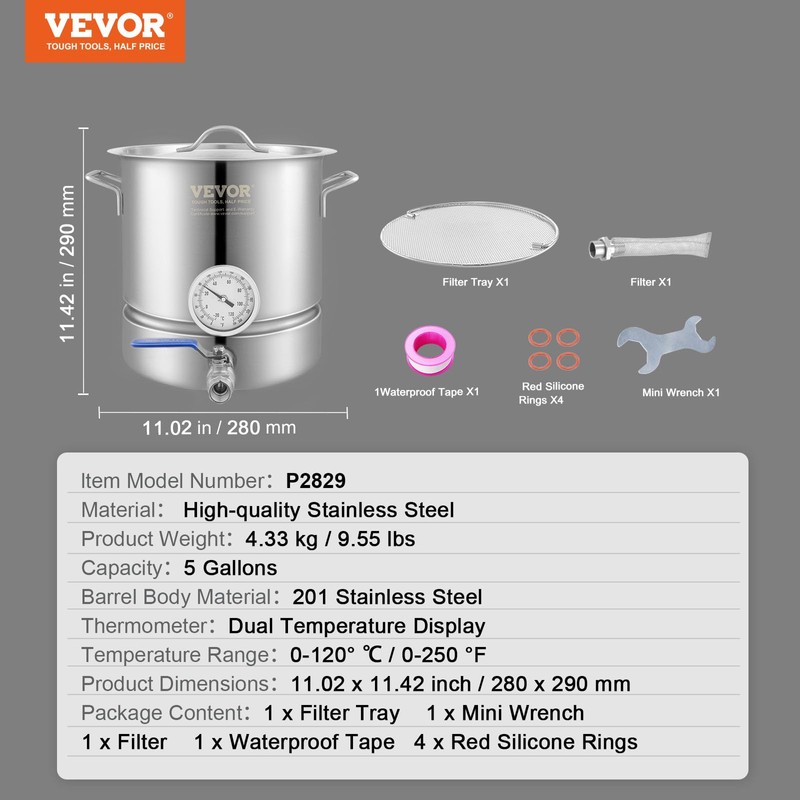 VEVOR Brew Kettle 5 Gal, Brewing Pot Stainless Steel, Brew
