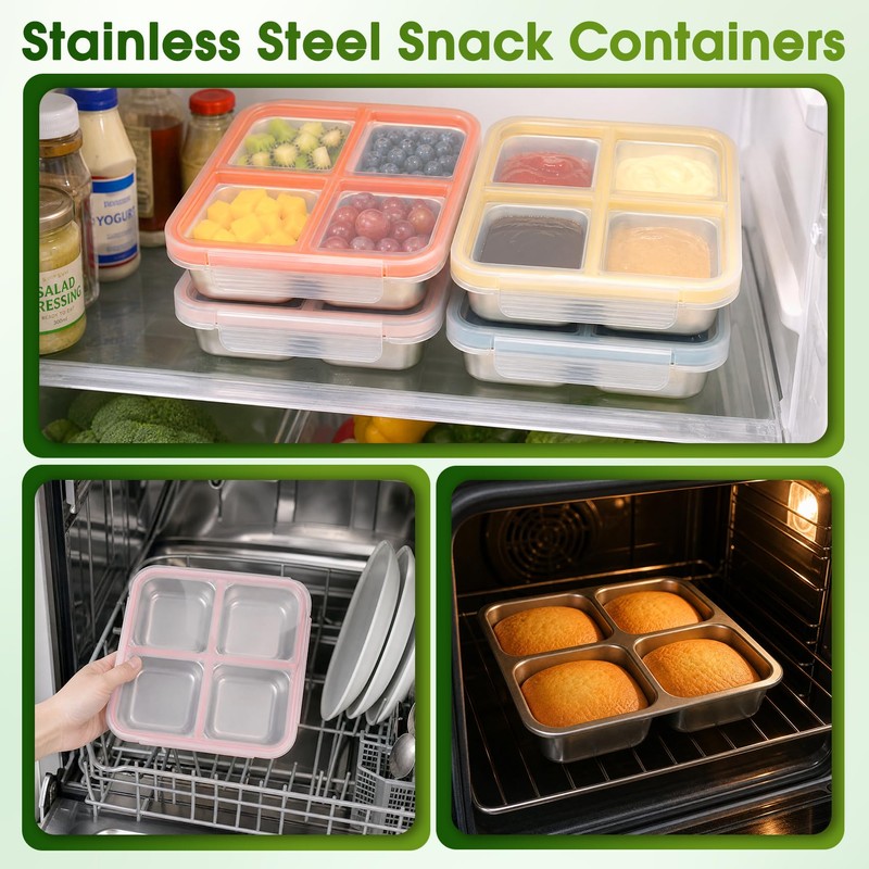 Stainless Steel Snack Containers, 4 Compartment Bento Snack Box with