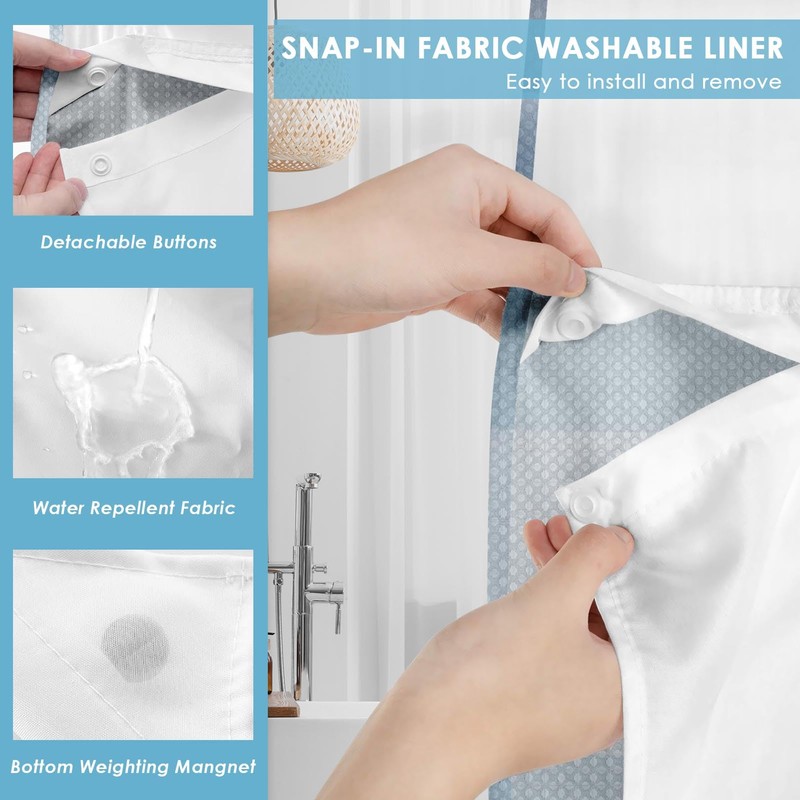 Nesphy No Hook Shower Curtain with Snap in Fabric Liner