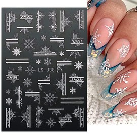 Christmas Nail Art Stickers Decals 4 Sheets White Sliver Snowflake Nail Art Supplies Christmas 3D Self-Adhesive Acrylic Stickers Snowflake Elk Leaf French Pattern Christmas Nail Decorations for Women
