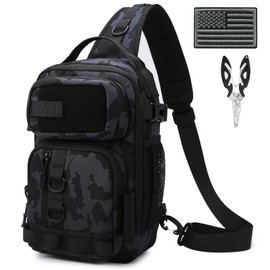 Aocmpxs Fishing Backpack Sling Tackle Bag, Lightweight Fishing Shoulder Backpacks Tactical Tool Bags for Storge Fishing Gear and Equipment with US Flag Patch and Fishing Plier (1 Pack Black Camo)