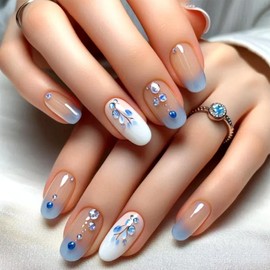 Blue Gradient French Tip Press on Nails Rhinestones False Nails Artificial Nails Medium Square Fake Nails Glossy Acrylic Nails Full Cover Glue on Nails for Women