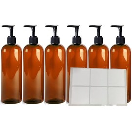 6 Pack 16 oz (475 ml) Slim Plastic PET Bottles with Black Lotion Pump Dispensers and 6 Waterproof 2.5" Square Labels | Shampoo Lotion Soap DIY Bottles | Mountainleaf (Amber Bottle with Label)