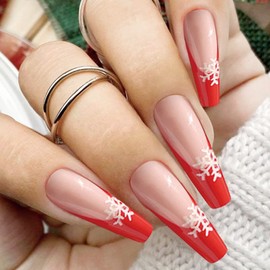 VOTACOS Red French Tip Press on Nails Long Coffin Fake Nails Nude False Nails with Snowflake Design Glossy Stick on Nails for Women 373