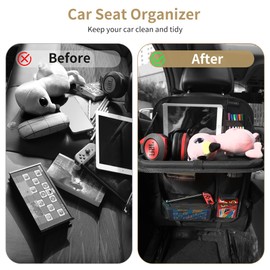 LUCMO Car Backseat Organizer with Touch Screen Tablet Holder,9 Storage Pockets Storage Organizer,Protectors Kick Mats Travel Accessories (Black, 2 Pack with Food Tray)