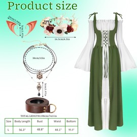 Women's Renaissance Dress Medieval Costume with Flower Crown, Elf Ears, Choker Necklace, Leather Belt for Fairy, Parties