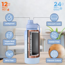 Lexlion Tea Infuser Bottle - Fruit Infuser Water Bottle 32 Oz, Triple Walled Insulated Stainless Steel Bottle, Thermal Leaf Infuser, Silicone Sleeve, Cleaning Brush, 3 Lids Leakproof, Metal Mug Gallon