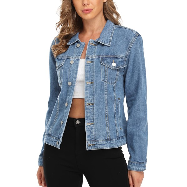 MISS MOLY Women's Denim Jackets Cropped Long Sleeve Basic Button Down Jean Jacket with Pockets Blue XL