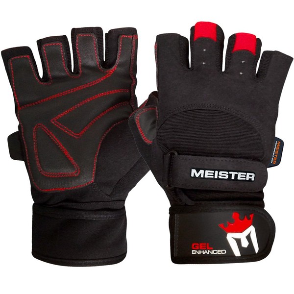 Meister Wrist Wrap Weight Lifting Gloves w/ Gel Padding - Black/Red - Large