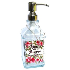 Large Romantic Vintage Style Clear Glass Liquid Soap Dispenser with Sturdy Pump Hand Painted Pink Roses French Perfume Label Design Retro Shabby Chic Bathroom Decor