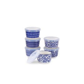 Selamica Ramekins with Lids 4 oz Oven Safe, Creme Brulee Ramekins Souffle Dishes with Covers, Stackable Ceramic Mini Ramekin Bowls Set for Dipping, Custard, Pudding, Baking, Set of 6, Vintage Blue