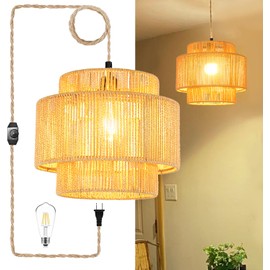 QIYIZM Plug in Pendant Light Hanging Lights with Plug in Cord Boho Hanging Lamp Dimmable,Rattan Wicker Woven Bamboo Lamp Shade, Plug in Ceiling Light Fixture for Living Room Bedroom Kitchen