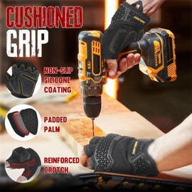 HANDLANDY Fingerless Work Gloves, Half Finger Working Glove Grip Shock-Absorbing Breathable U-Wrist TPR Gloves for Men & Women Fingerless, Black, XL