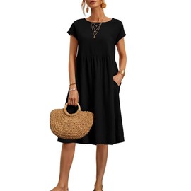 Kubsid Black L Dresses for Women 2024 Summer Cotton Linen Solid Short Sleeve Gauze Dress Crewneck Loose Casual Beach Vacation Flowy Short Dress with Pockets