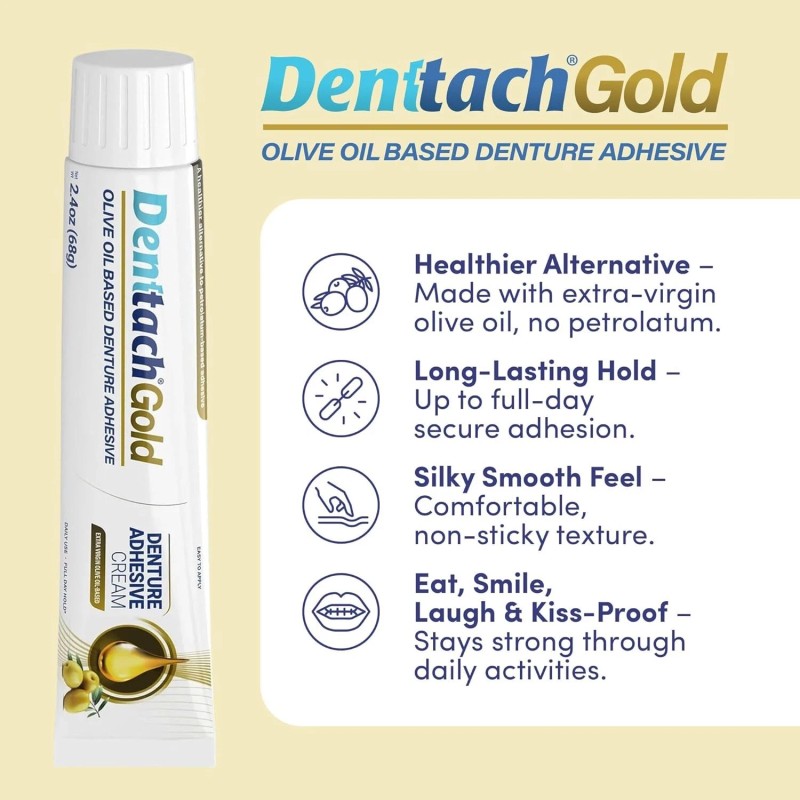 Denttach Gold Denture Adhesive, Petroleum Free Olive Oil Based Denture