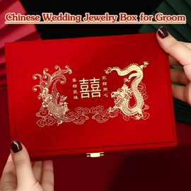 BAIWOVIS Chinese Wedding Jewelry Box for Groom, Double Happiness and Loong Phoenix Design, Chinese Engagement Red Velvet Presentation and Storage Case Gift Box for Gold Jewelry