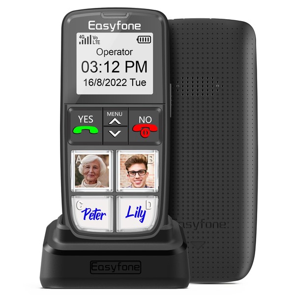 Easyfone T6 4G Téléphone Portable Senior Débloqué Le Plus Simple | 4 Grandes Touches d'image | Bouton SOS | Station de Charge | Spéciale pour la démence, la maladie d'Alzheimer et Les Enfants