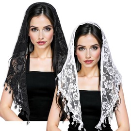 Sorcristy 2 PCS Veils for Church Catholic, Triangle Lace Mantilla Catholic Veil Chapel Veil Mass Head Covering Veils for Church the First Communion Bridal Wedding Women Mass(Black, White)