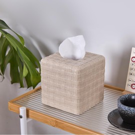Beige Sandstone Wicker Weave Square Tissue Box Cover Decorative,Resin Heavy Sturdy Tissue Box Holder, Facial Paper Holder for Bathroom Vanity Countertop, Bedroom Night Stand,Office and End Table