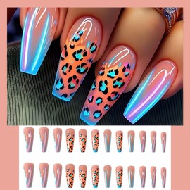 Laser Press on Nails Long Coffin Fake Nails with Leopard Print French Design Colorful Stick on Nails Cute Glue on Nails Glossy Full Cover Artificial Acrylic False Nails Reusable Nails Kit for Women