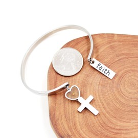 Uloveido Stainless Steel Faith Can Move Mountain Faith Heart Cross Charms Cuff Bracelets, Christian Religious Inspirational Bracelets Y3976