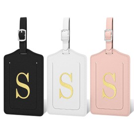 Initial Luggage Tags for Suitcases, 3 Pack TSA Approved Easy to Identify Leather Letter S Travel Tags for Luggage, Travel Essentials Bag Tag Suitcase Identifiers, Cute Hot Stamped Monogram