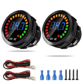 2PCS DC 12V Voltage Meter, Waterproof LED Display Voltmeter Gauge Panel, Round Battery Monitor with Wires & Terminals & Srews, for Marine Car Automotive Vehicle Truck Boat RV ATV UTV, Long Body