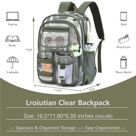 Lroiutian Clear Backpack for School Girls Boys Heavy Duty Transparent Backpack with Multiple Pockets, Lightweight PVC See Through Bookbag for Students-Army Green