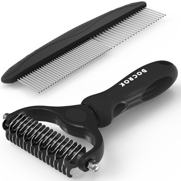Dog Grooming Brush and Metal Comb, Undercoat Rake for Dogs Grooming Supplies Dematting Deshedding Brush for Shedding, Cat Brush Deshedder Brush Dogs Shedding Tool for Long matted Haired Pets, Black