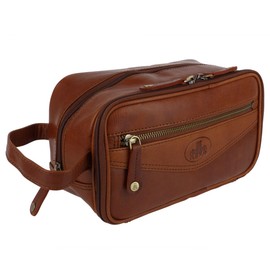 Rowallan of Scotland Mens Compact Leather WashBag Toiletries - Cognac