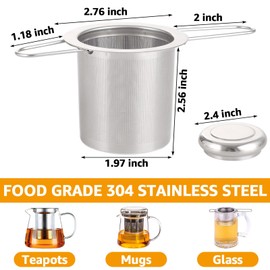 Oungy 4 PCS Tea Strainer with Lid 304 Stainless Steel Tea Infuser Basket for Loose Tea Extra Fine Mesh Tea Diffuser Long Handle Tea Strainers Filters for Hanging on Teapots Mugs Cups
