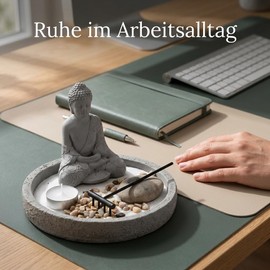 MIJOMA Buddha Figurine on Cement Plate with Tea Light Holder, Rake, Decorative Stones & Sand - Zen Garden Set - Spiritual Decoration for Inner Peace & Harmony (Round, Diameter 18 cm)