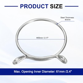 uxcell Fuel Line Hose Clips, 5Pcs 55mm ID 61mm Max. ID 304 Stainless Steel Water Pipe Air Tubing Spring Hose Clamps for Motorcycle Scooter ATV, Silver