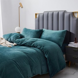 YASMENG Crystal Velvet Queen Duvet Cover Set Peacock Blue, Soft Warm Flannel Comforter Cover Queen Size for Fall Winter Spring, 3 Pieces Luxury Fluffy Silky Velour Bedding Duvet Cover 90" x 90"