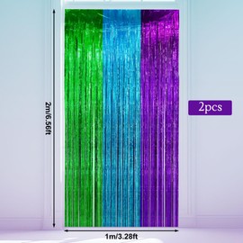 2 Pack Purple Blue Green Tinsel Backdrop Streamers, Video Game Birthday Party Decorations Monster Inc Shiny Foil Fringe Curtains for Boys Gamer Fans Photo Booth Prop Wall Decor