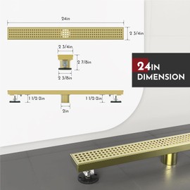 WEBANG 24 Inch Linear Shower Drain Rectangular Floor Drain with Accessories Square Hole Pattern Cover Grate Removable SUS304 Stainless Steel CUPC Certified Brushed Gold