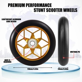 Stunt Scooter Wheels 110 mm, Scooter Tyres Replacement Wheels with ABEC-9 Professional Bearings, for Pro Scooter Wheel 110, Kick Scooter Wheels Set, for RazorApollo Cox Fuzion Freestyle Scooter (Gold)