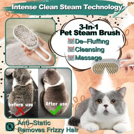 Steam Cat Brush, 3 in 1 Cordless Cat Steam Brush Built-in Lithium Battery, Silicone Massaging Grooming Brush, Remove Static Flying Hair，Pet Hair Cleaning Brush Comb for Cats Dogs(White)