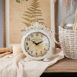 NIKKY HOME Small Vintage Table Clock, Decorative Shelf Desk Top Clock Battery Operated Round French Design, Farmhouse Home Decor for Bathroom, Tabletop, Desktop, Countertop, Rustic Beige