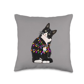 Christmas Cat tangled lights tree down tuxedo Cat Kitten Throw Pillow