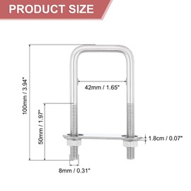 sourcing map 4Sets 304 Stainless Steel Square U-Bolts, 1.65" (42mm) Inner Width 3.94" (100mm) Length M8 with Nuts, Frame Plate, Gasket for Automobiles Trailer, Ski Boat, Fishing Boat, Pipelines
