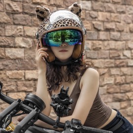 QUICKOOL Vintage Glossy PU Leather 3/4 Motorcycle Helmet, DOT Certified Open Face Helmets with Dual Visor,Half Face Moped Helmet for Cruiser Scooter (Style A-Long Lens,S)