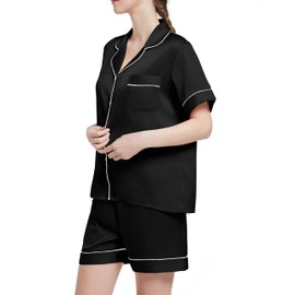 Xuepelit Women's Satin Short Sleeve Set Pyjamas Women's Summer with Button Placket Silk Two Piece Sleepwear Casual Silk Pyjamas for Women, black